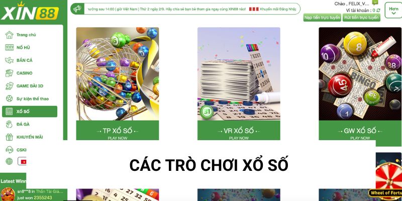 Các trò chơi xổ số tại XIN88